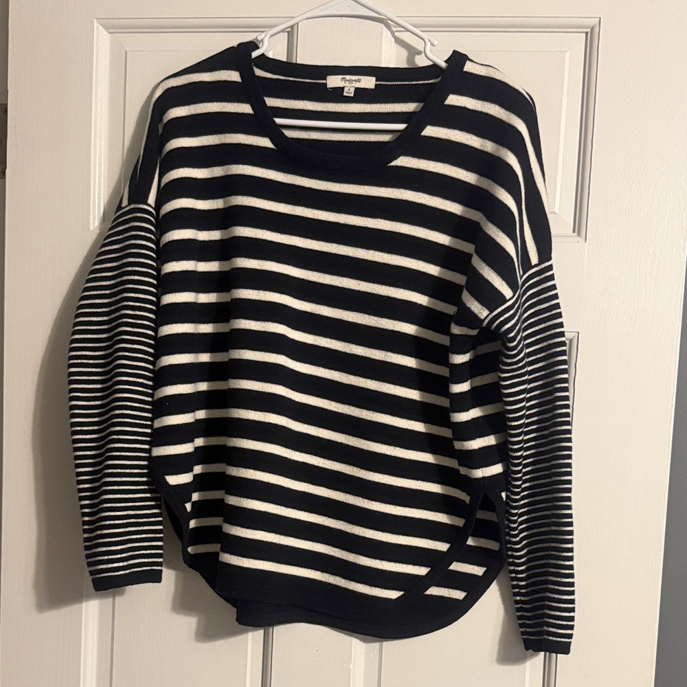 Madewell Navy and White Striped Crew Neck Sweater